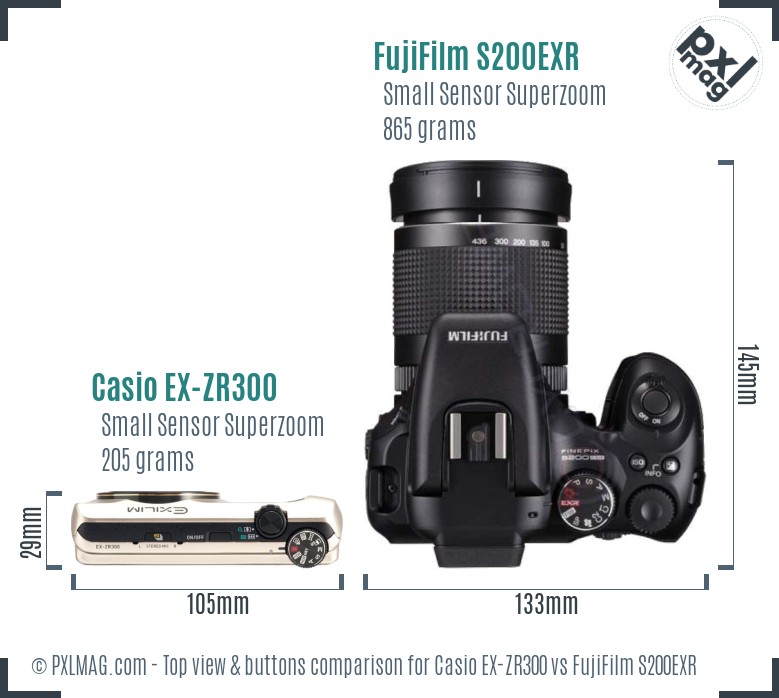 Casio EX-ZR300 vs FujiFilm S200EXR top view buttons comparison