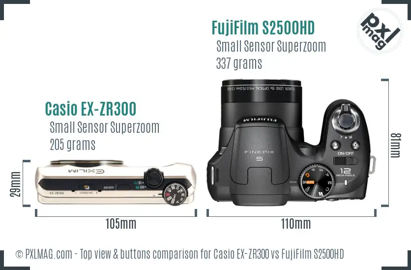 Casio EX-ZR300 vs FujiFilm S2500HD top view buttons comparison