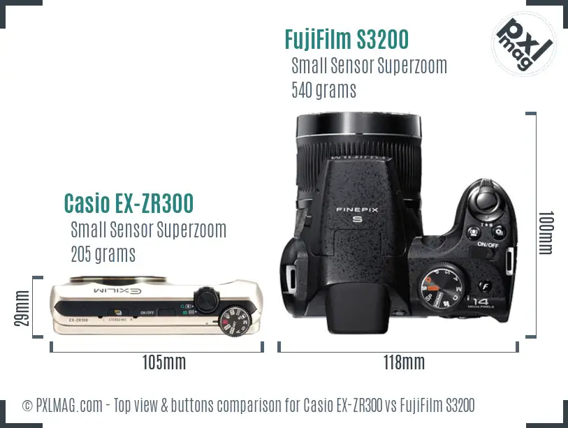 Casio EX-ZR300 vs FujiFilm S3200 top view buttons comparison