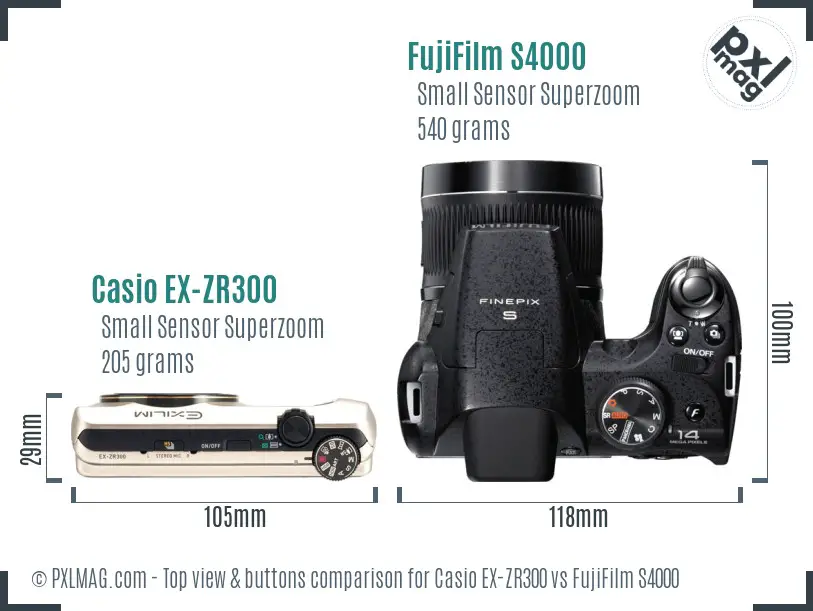 Casio EX-ZR300 vs FujiFilm S4000 top view buttons comparison