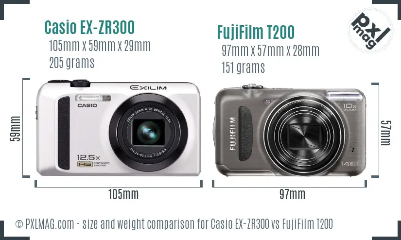 Casio EX-ZR300 vs FujiFilm T200 size comparison