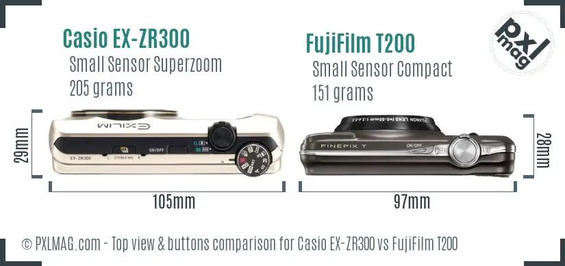 Casio EX-ZR300 vs FujiFilm T200 top view buttons comparison