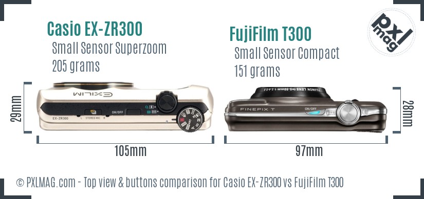 Casio EX-ZR300 vs FujiFilm T300 top view buttons comparison