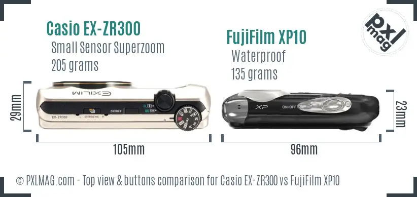 Casio EX-ZR300 vs FujiFilm XP10 top view buttons comparison