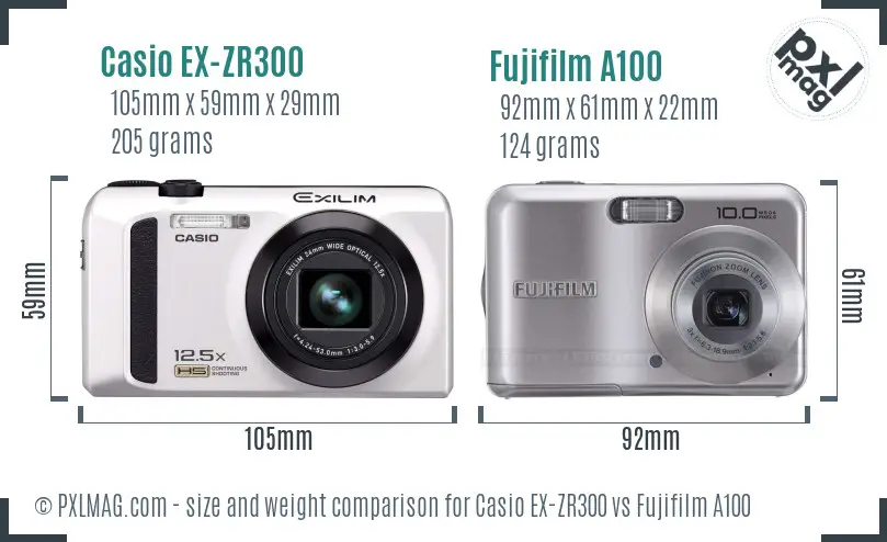 Casio EX-ZR300 vs Fujifilm A100 size comparison