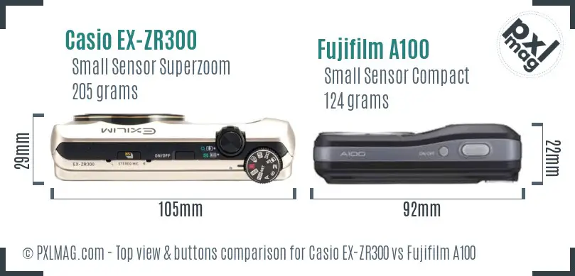 Casio EX-ZR300 vs Fujifilm A100 top view buttons comparison