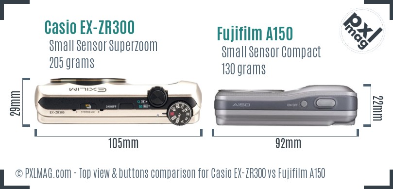 Casio EX-ZR300 vs Fujifilm A150 top view buttons comparison