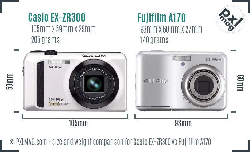 Casio EX-ZR300 vs Fujifilm A170 size comparison