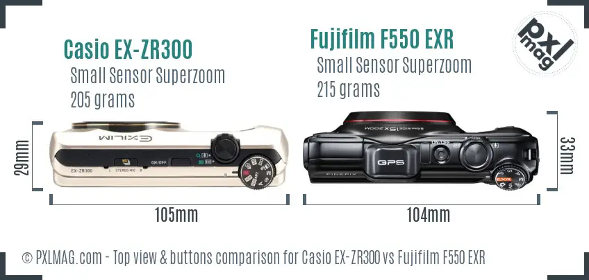 Casio EX-ZR300 vs Fujifilm F550 EXR top view buttons comparison Casio EX-ZR300 vs Fujifilm F550 EXR top view buttons comparison