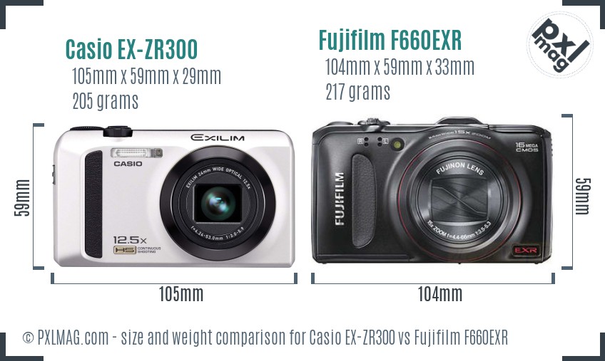 Casio EX-ZR300 vs Fujifilm F660EXR size comparison