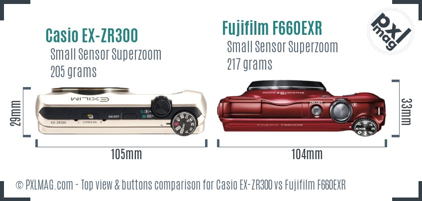 Casio EX-ZR300 vs Fujifilm F660EXR top view buttons comparison