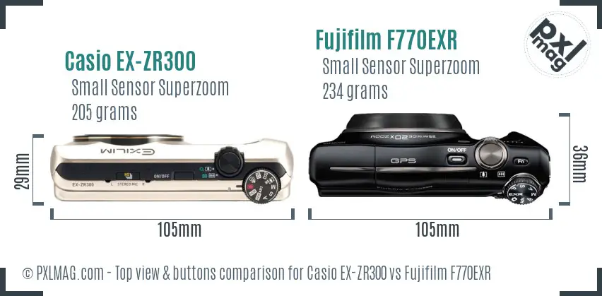 Casio EX-ZR300 vs Fujifilm F770EXR top view buttons comparison Casio EX-ZR300 vs Fujifilm F770EXR top view buttons comparison
