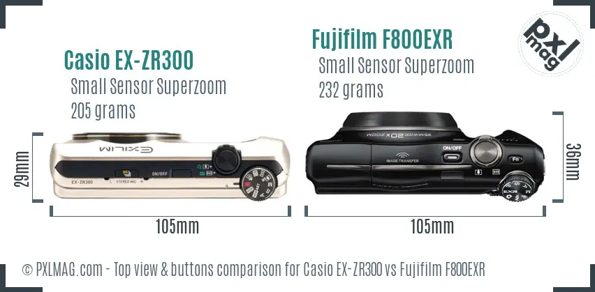 Casio EX-ZR300 vs Fujifilm F800EXR top view buttons comparison