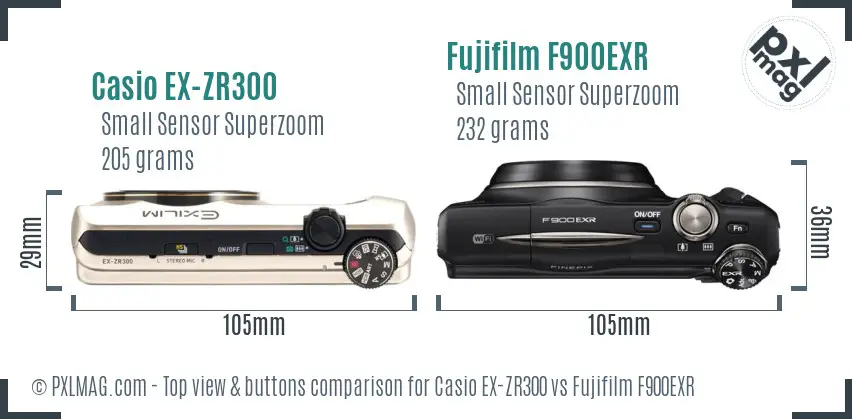 Casio EX-ZR300 vs Fujifilm F900EXR top view buttons comparison Casio EX-ZR300 vs Fujifilm F900EXR top view buttons comparison