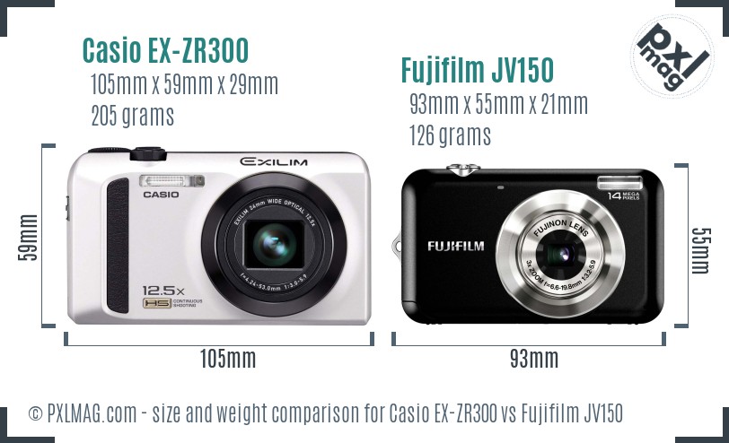 Casio EX-ZR300 vs Fujifilm JV150 size comparison