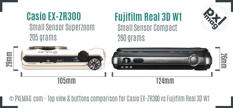 Casio EX-ZR300 vs Fujifilm Real 3D W1 top view buttons comparison