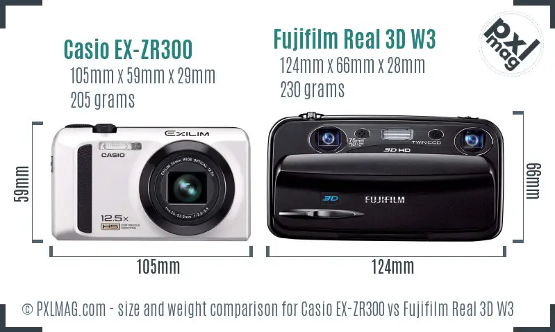 Casio EX-ZR300 vs Fujifilm Real 3D W3 size comparison