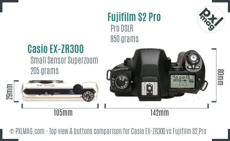 Casio EX-ZR300 vs Fujifilm S2 Pro top view buttons comparison