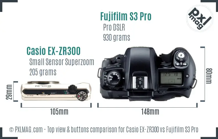 Casio EX-ZR300 vs Fujifilm S3 Pro top view buttons comparison Casio EX-ZR300 vs Fujifilm S3 Pro top view buttons comparison