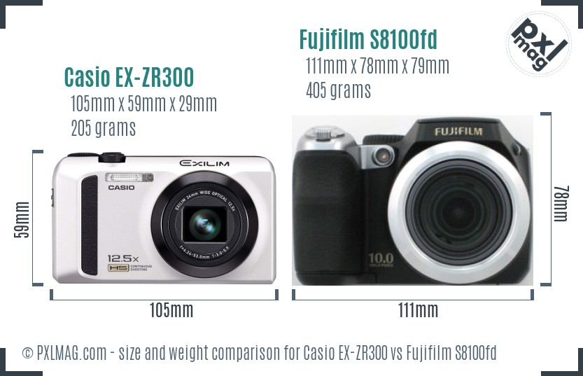 Casio EX-ZR300 vs Fujifilm S8100fd size comparison
