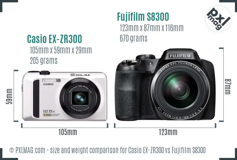 Casio EX-ZR300 vs Fujifilm S8300 size comparison