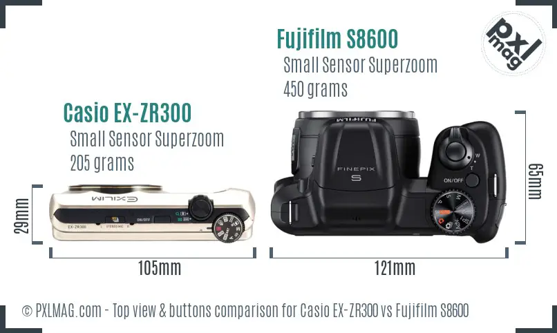 Casio EX-ZR300 vs Fujifilm S8600 top view buttons comparison Casio EX-ZR300 vs Fujifilm S8600 top view buttons comparison