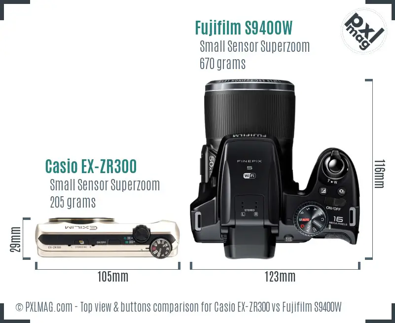 Casio EX-ZR300 vs Fujifilm S9400W top view buttons comparison Casio EX-ZR300 vs Fujifilm S9400W top view buttons comparison