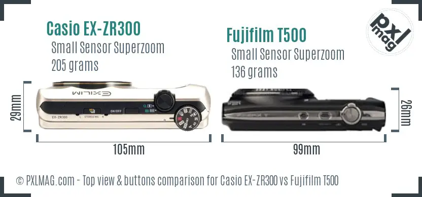 Casio EX-ZR300 vs Fujifilm T500 top view buttons comparison Casio EX-ZR300 vs Fujifilm T500 top view buttons comparison
