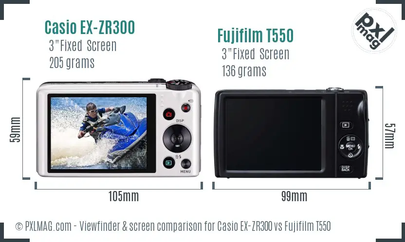Back screen and interface comparison between Casio EX-ZR300 and Fujifilm T550
