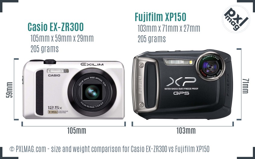 Casio EX-ZR300 vs Fujifilm XP150 size comparison