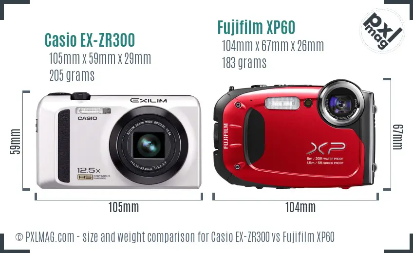 Casio EX-ZR300 vs Fujifilm XP60 size comparison