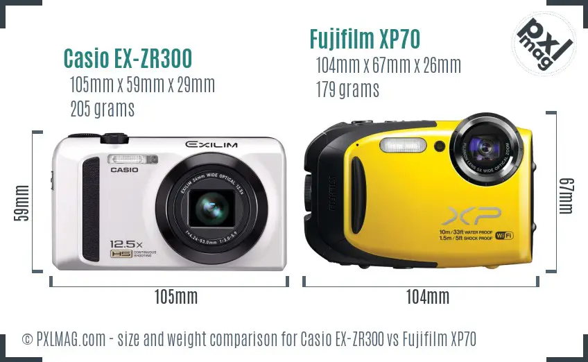 Casio EX-ZR300 vs Fujifilm XP70 size comparison