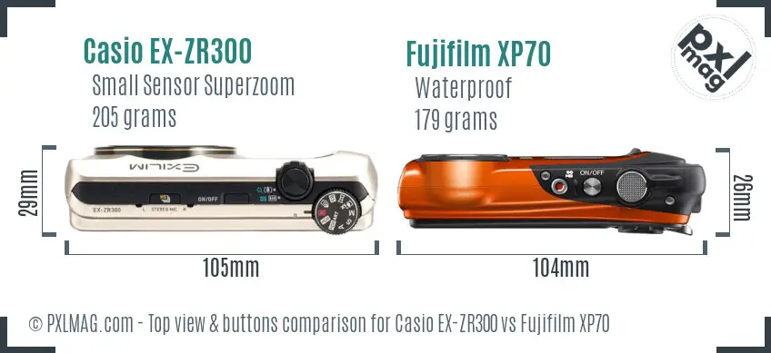 Casio EX-ZR300 vs Fujifilm XP70 top view buttons comparison