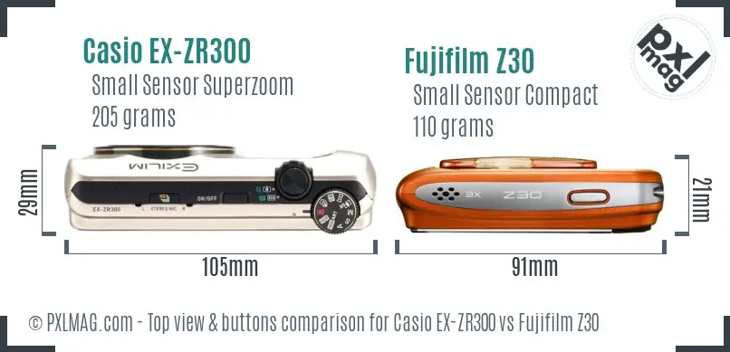 Casio EX-ZR300 vs Fujifilm Z30 top view buttons comparison Casio EX-ZR300 vs Fujifilm Z30 top view buttons comparison