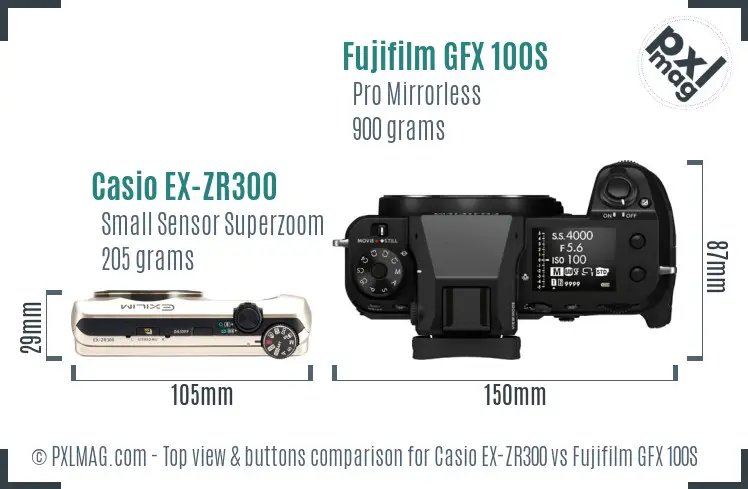 Casio EX-ZR300 vs Fujifilm GFX 100S top view buttons comparison