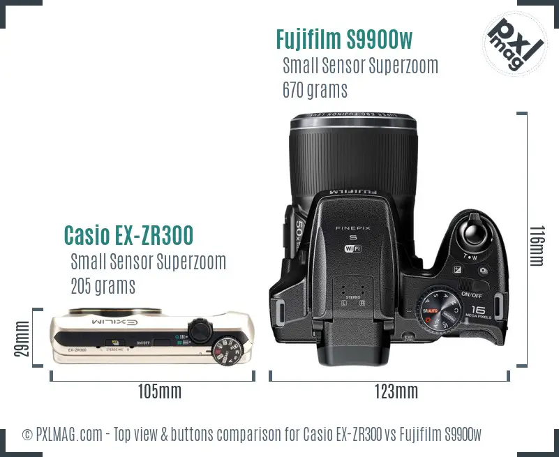 Casio EX-ZR300 vs Fujifilm S9900w top view buttons comparison