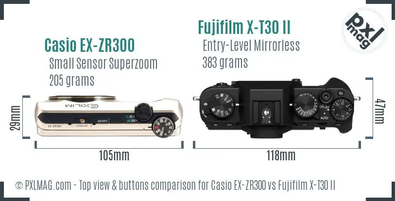 Casio EX-ZR300 vs Fujifilm X-T30 II top view buttons comparison