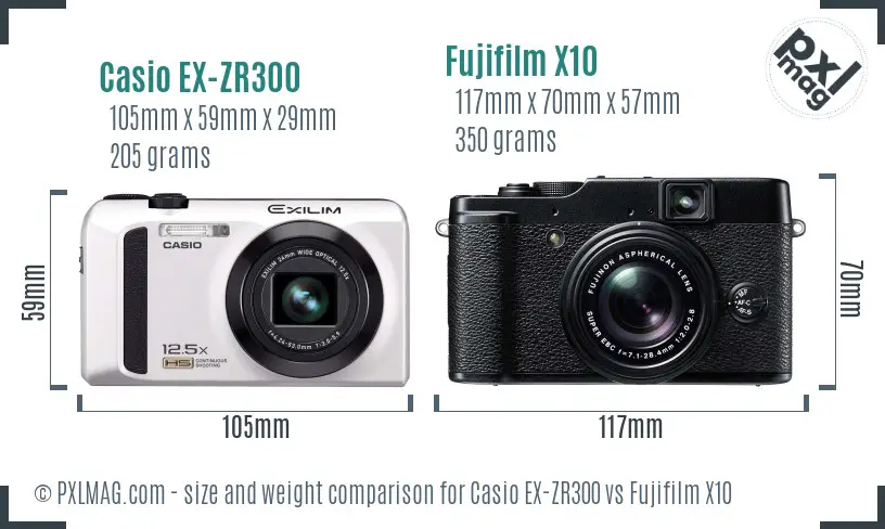 Casio EX-ZR300 vs Fujifilm X10 size comparison