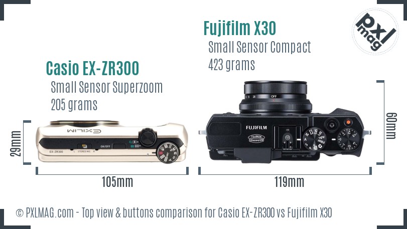 Casio EX-ZR300 vs Fujifilm X30 top view buttons comparison