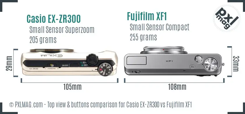 Casio EX-ZR300 vs Fujifilm XF1 top view buttons comparison Casio EX-ZR300 vs Fujifilm XF1 top view buttons comparison