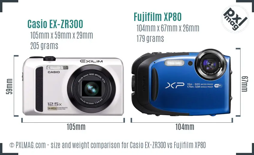 Casio EX-ZR300 vs Fujifilm XP80 size comparison