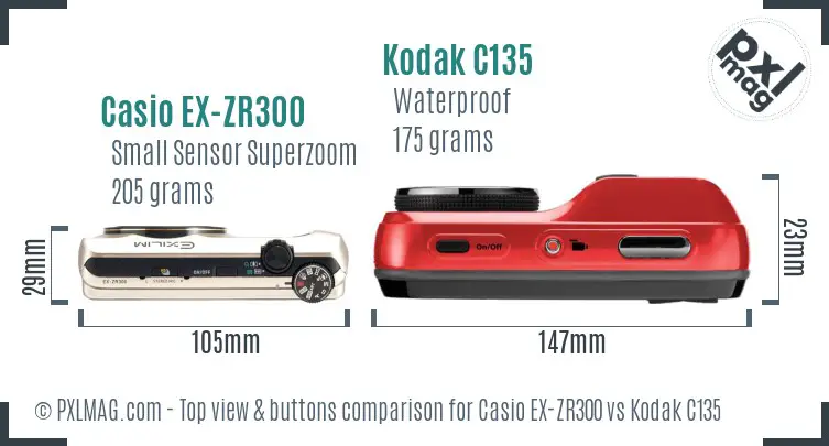 Casio EX-ZR300 vs Kodak C135 top view buttons comparison Casio EX-ZR300 vs Kodak C135 top view buttons comparison
