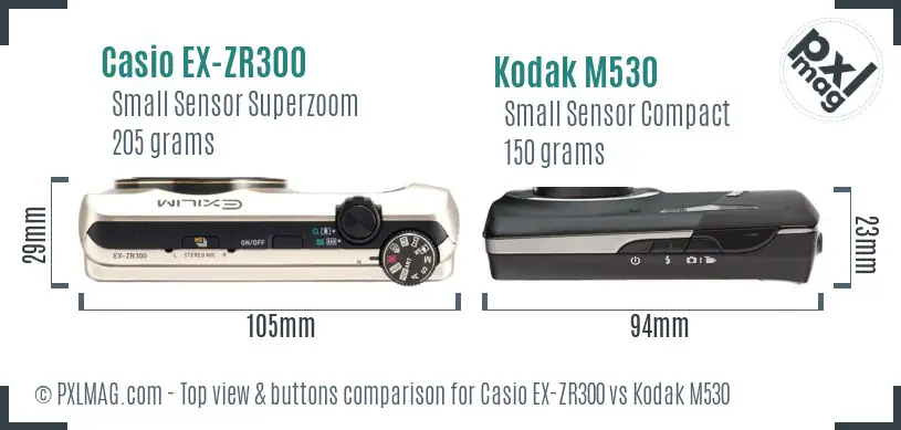 Casio EX-ZR300 vs Kodak M530 top view buttons comparison
