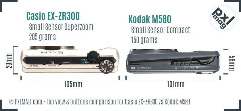 Casio EX-ZR300 vs Kodak M580 top view buttons comparison