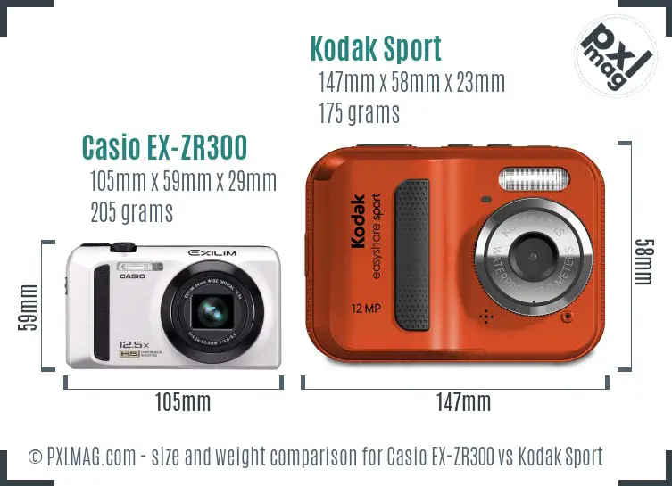 Casio EX-ZR300 vs Kodak Sport size comparison Casio EX-ZR300 vs Kodak Sport size comparison
