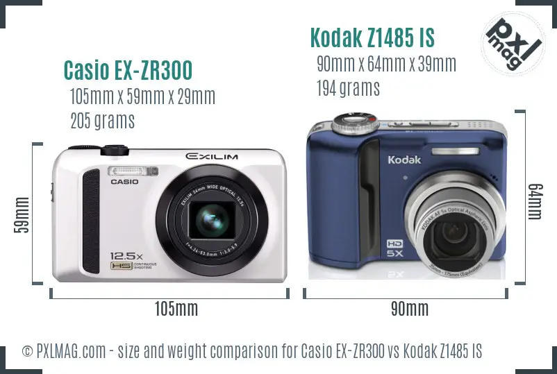 Casio EX-ZR300 vs Kodak Z1485 IS size comparison