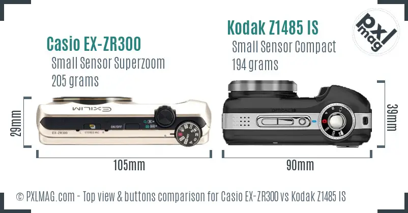 Casio EX-ZR300 vs Kodak Z1485 IS top view buttons comparison