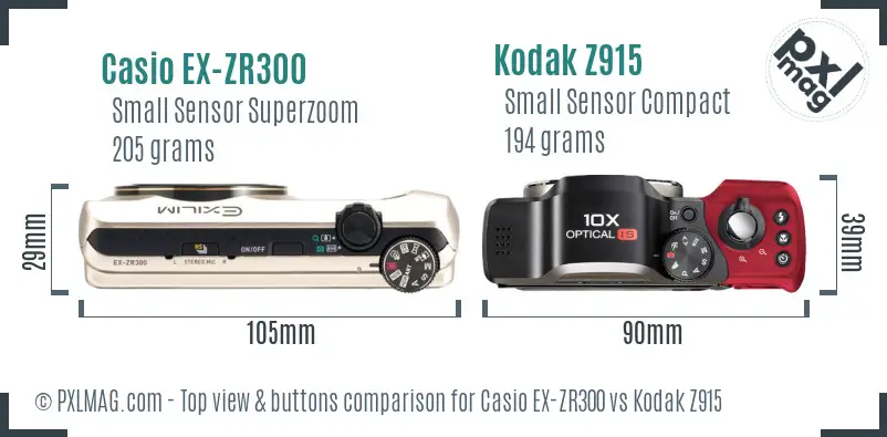 Casio EX-ZR300 vs Kodak Z915 top view buttons comparison