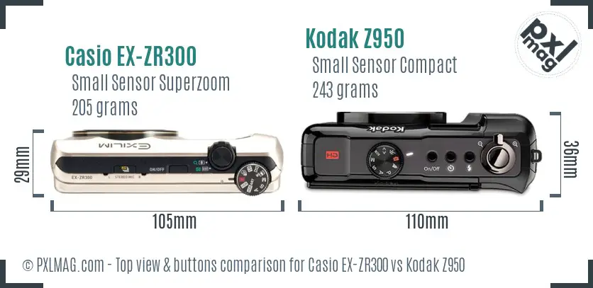 Casio EX-ZR300 vs Kodak Z950 top view buttons comparison
