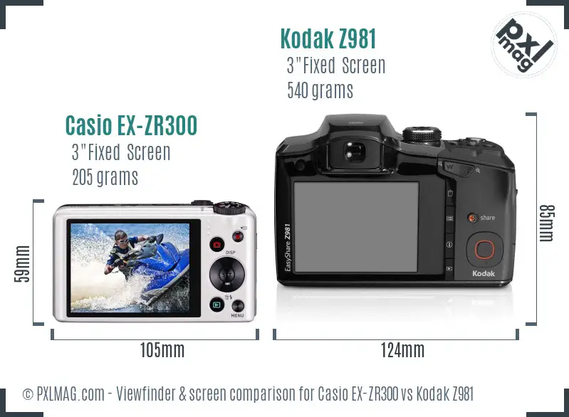 Casio EX-ZR300 vs Kodak Z981 Screen and Viewfinder comparison